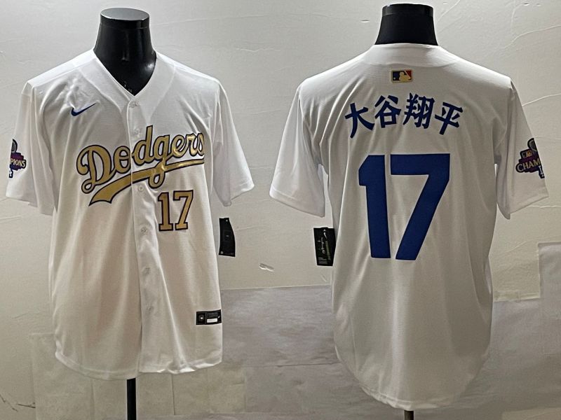 Men Los Angeles Dodgers #17 Ohtani White Champion gold character 2025 Nike MLB Jersey style 3316